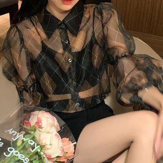 Set: Argyle Sheer Crop Shirt + Cropped Camisole Top