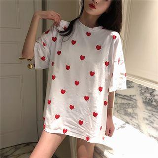 Heart Print Rhinestone Elbow-sleeve Tunic T-shirt