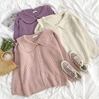 Long-sleeve Collar Plain Knit Cardigan