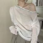 Long-sleeve One-shoulder Rhinestone Embellished Knit Top White - One Size