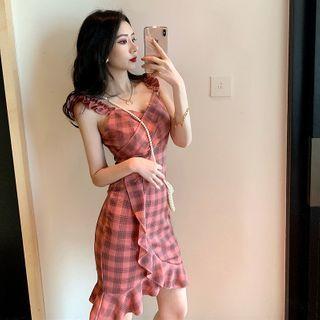 Plaid Ruffle Trim Spaghetti Strap Mini Sheath Dress