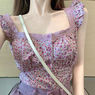 Sleeveless Floral Print Button-up Top Purple - One Size