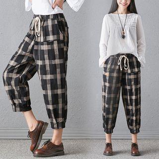Drawstring Waist Plaid Cropped Pants