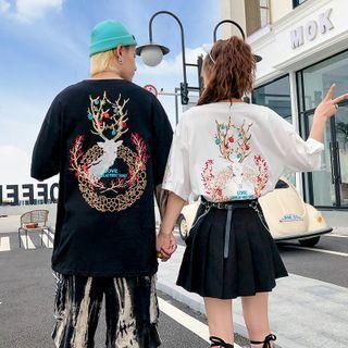 Couple Matching Deer Print Elbow-sleeve T-shirt