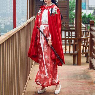 Flower Embroidered Hooded Poncho Red - One Size