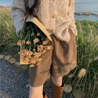 Wide Leg Plain Corduroy Shorts Pants - Khaki - One Size