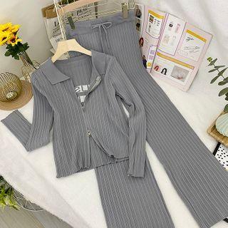 Set: Collared Zip-up Cropped Cardigan + Wide-leg Pants