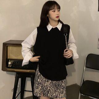Round Neck Vest / Long-sleeve Plain Shirt / Zebra Print Mini Skirt