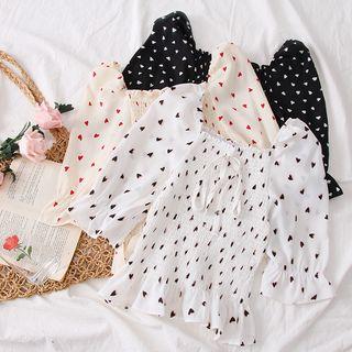 Heart-print Ruffled-trim Smocked Top