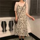 Spaghetti Strap Floral Midi A-line Dress / Short-sleeve Plain Top