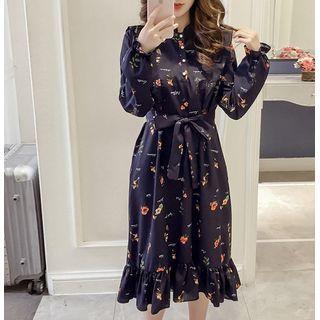 Long-sleeve Floral Ruffle Hem Midi A-line Dress