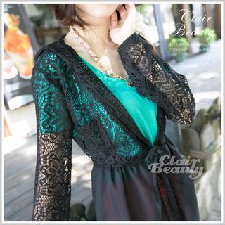 Drawstring-waist Chiffon-hem Hooded Lace Cardigan Black - One Size