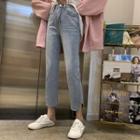 Cut-out Hem Cropped Straight Leg Jeans