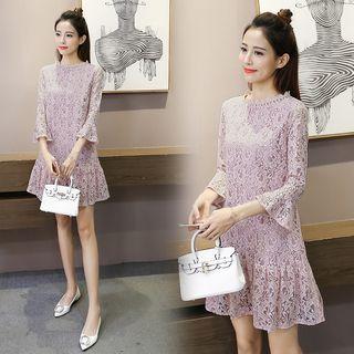 Bell-sleeve Ruffle Hem Lace Dress