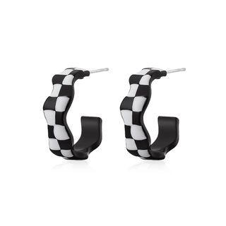 Checker Alloy Open Hoop Earring 1 Pair - 01 - Black & White - One Size