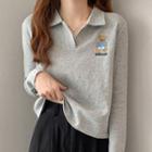 Long-sleeve Bear Embroidered Collared T-shirt