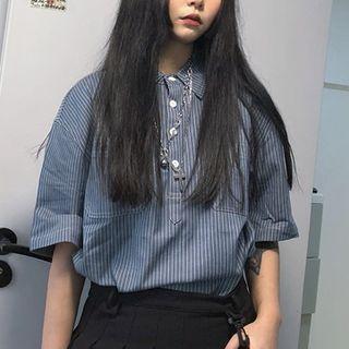 Striped Polo Shirt Denim Blue - One Size