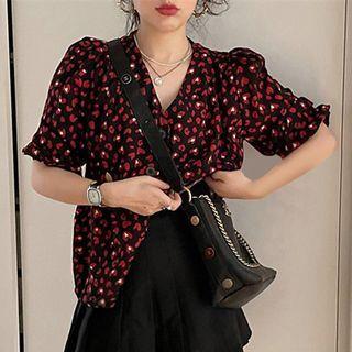 Puff-sleeve Heart Print Ruffled Blouse Black - One Size