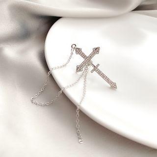 Cross Rhinestone Chained Dangle Earring 1 Pc - Silver - One Size