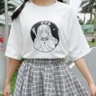 Elbow-sleeve Printed T-shirt / Plaid Jumper Skirt