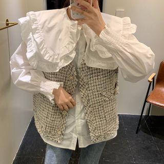 Ruffled Collared Blouse / Buttoned Tweed Vest