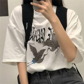 Lettering Crane Short-sleeve Round Neck T-shirt