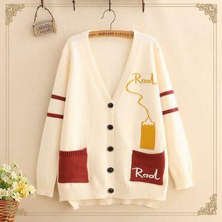 Pencil Print Color-block Pocket Knit Cardigan