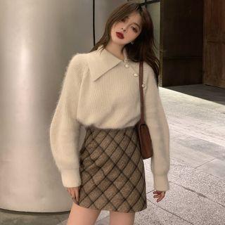 Asymmetric Button Collared Sweater / Argyle A-line Skirt