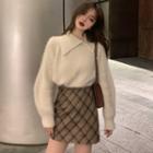 Asymmetric Button Collared Sweater / Argyle A-line Skirt