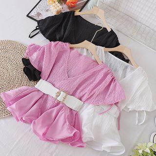 V-neck Wavy Trim Lace-up Strap Short-sleeve Top