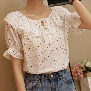 Short-sleeve Dotted Ruffle Blouse