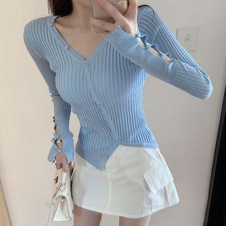 Long-sleeve Button-up Rubbed Top / Mini A-line Skirt