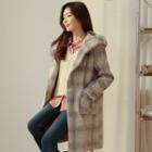 Hooded Snap-button Plaid Coat