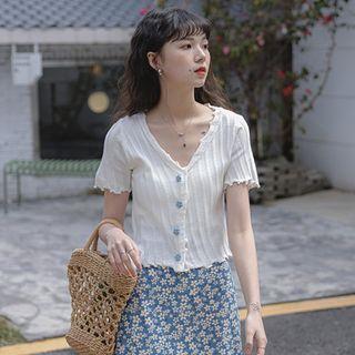 Short-sleeve Floral Button V-neck Top White - One Size