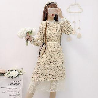 Lace Panel Floral Long-sleeve Midi Dress