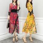 Floral Print V-neck 3/4-sleeve A-line Midi Dress