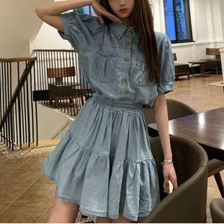 Set: Denim Puff-sleeve Blouse + Tiered Mini A-line Skirt