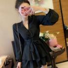 Balloon-sleeve Tie-front A-line Layered Dress