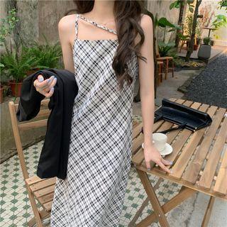 Plaid Asymmetrical Spaghetti-strap Dress
