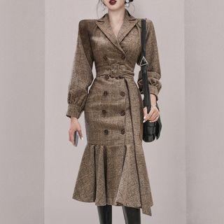 Long-sleeve Double-breasted Plaid Mermaid Dress