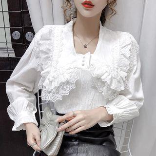 Long-sleeve Lace-trim Buttoned Blouse
