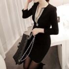 V-neck Long-sleeve Sheath Dress Black - One Size