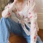 Retro Mutton Sleeve Floral Sheer Cover-up Tie Strap Cardigan