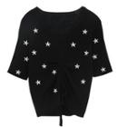 Flower Embroidered Drawstring Short-sleeve Knit Top