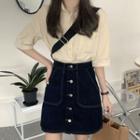 Elbow-sleeve A-line Mini Polo Dress / Buttoned Denim Mini Skirt