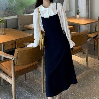 Tie-neck Blouse / Midi Pinafore Dress / Set