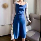 Long-sleeve Cutout Two-tone Midi A-line Dress
