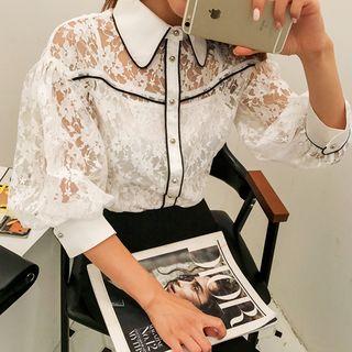 Set: Contrast-trim Lace Blouse + Camisole Top