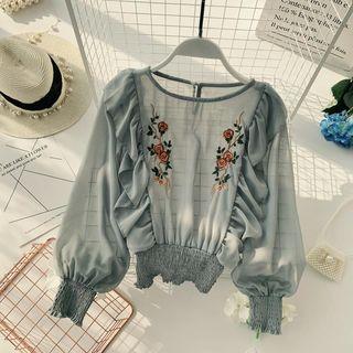 Floral Embroidered Chiffon Long-sleeve Top