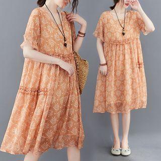 Short-sleeve Leaf Print Chiffon A-line Midi Dress